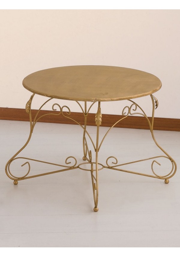Tavolino tondo in ferro battuto e piano in legno R.04005
